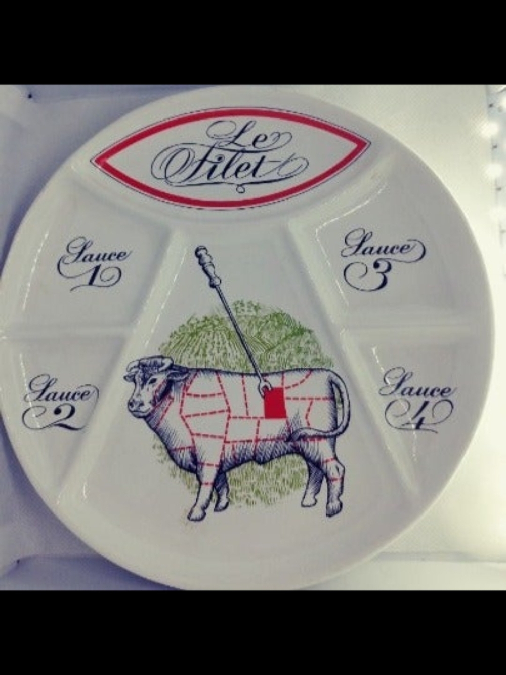 Fondue Divided Steak Sauce Plate - White with Red and Blue Accent